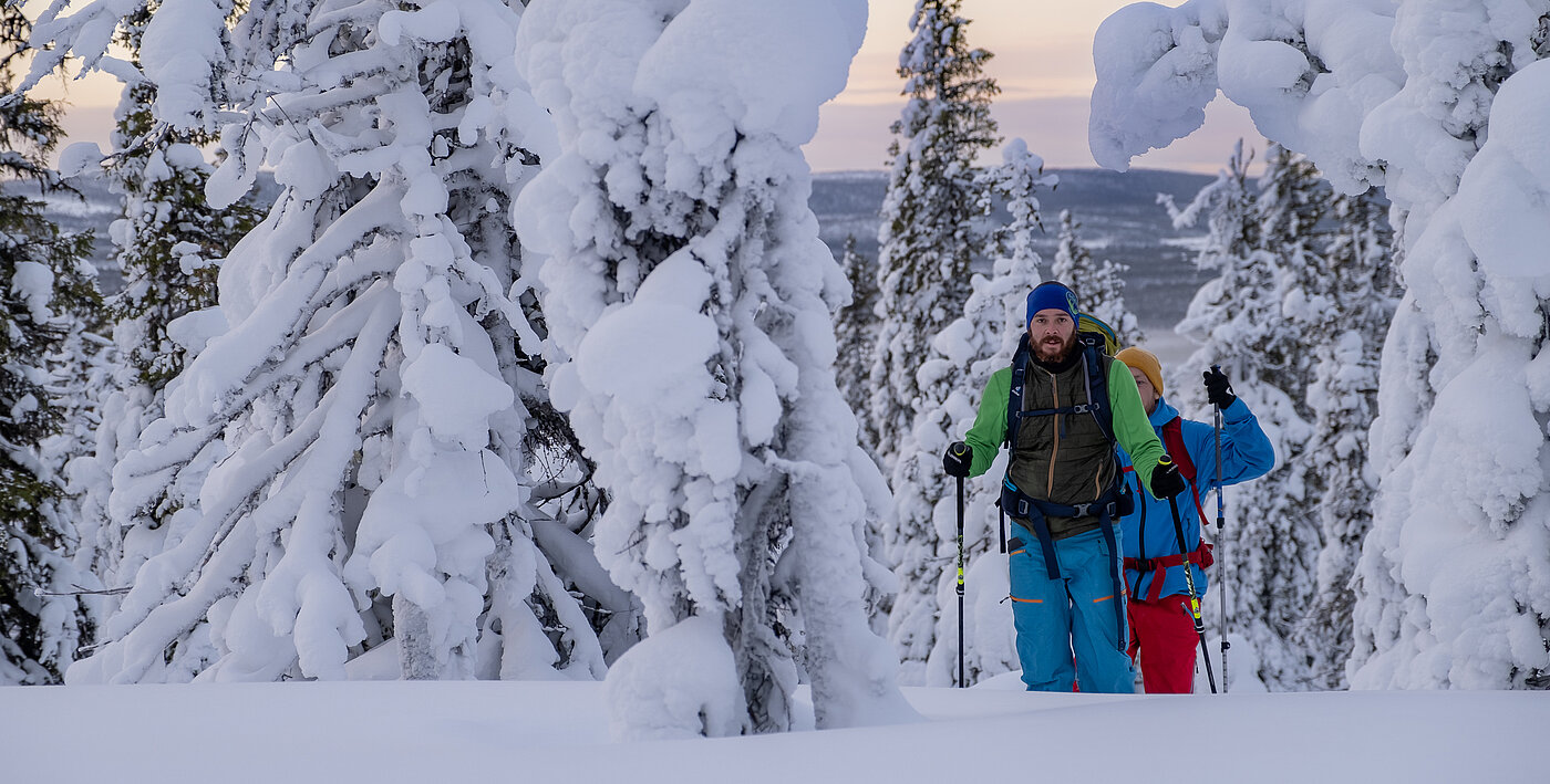 Gruppe beim Schneeschuhwandern im Winterwald Lappland