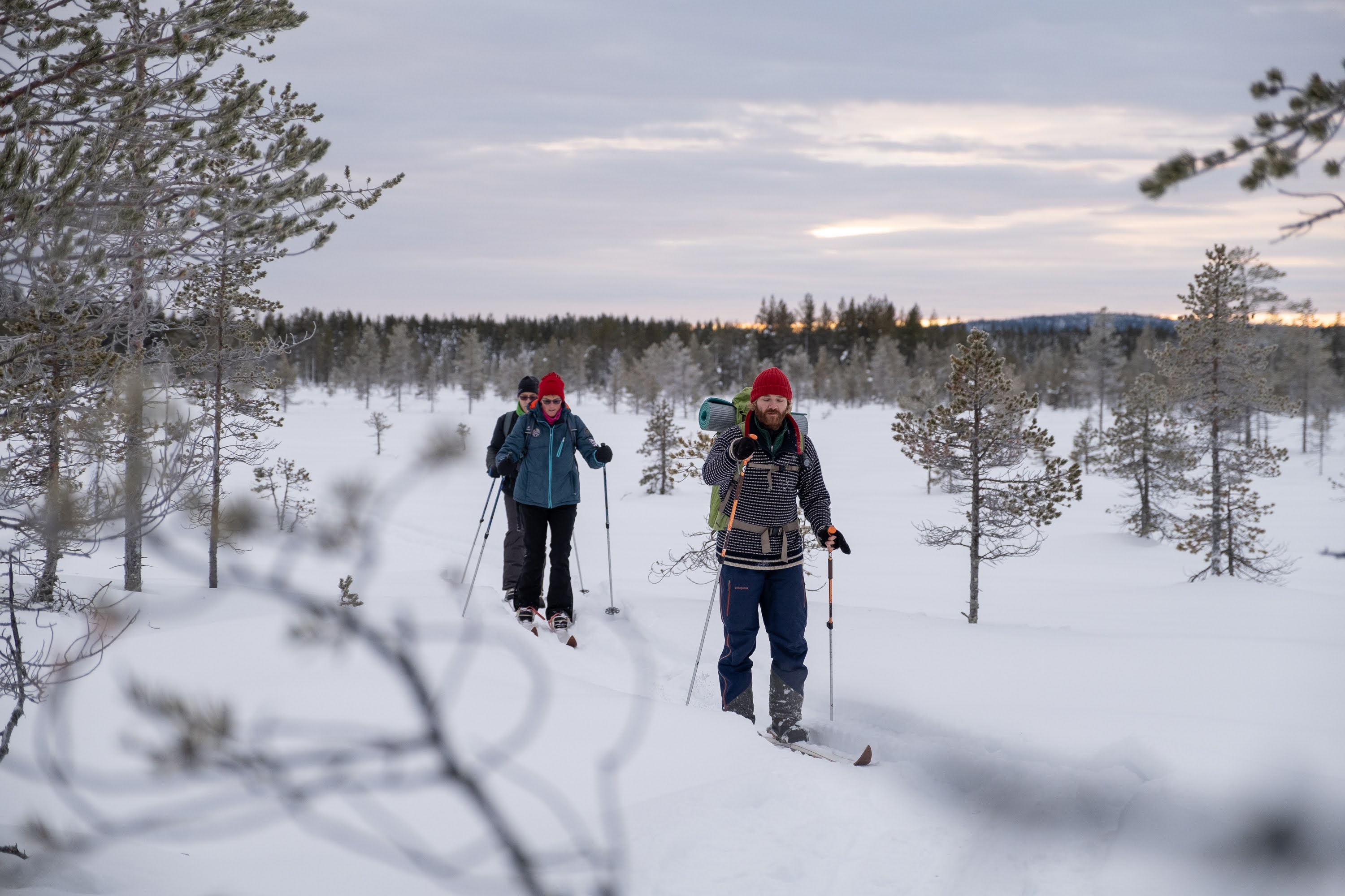Skiwanderung durch verschneite Landschaft in Lappland
